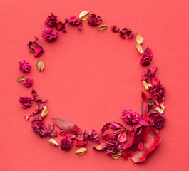 Round composition of dried flowers on a coral paper background. A wreath of grass and dried flowers. Flat lay, Copy space,