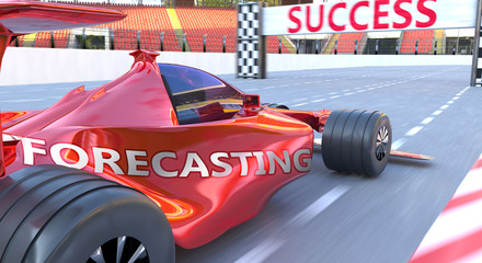 Naklejka premium Forecasting and success - pictured as word Forecasting and a f1 car, to symbolize that Forecasting can help achieving success and prosperity in life and business, 3d illustration