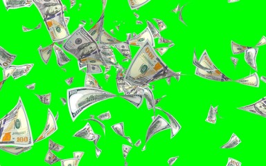 Flying dollars banknotes isolated on chromakey. Money is flying in the air. 100 US banknotes new sample. 3D illustration
