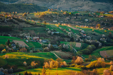 Spring sunrise in a rural landscape with blossoming cherries and bright green fields and small houses. The first rays of the sun in the village Hrinova in Slovakia