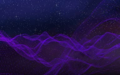 Abstract ultraviolet landscape on a dark background. Purple cyberspace grid. hi tech network. Outer space. Violet starry outer space texture. 3D illustration