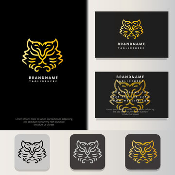 TIGER HEAD IN FLAME LOGO DESIGN WITH BUSINESS CARD DESIGN TEMPLATES.MODERN MINIMALIST AND SIMPLE ELEGANT DESIGN.