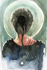 Photo sur Plexiglas Inspiration picturale Illustration représentant une femme debout contre la lune.