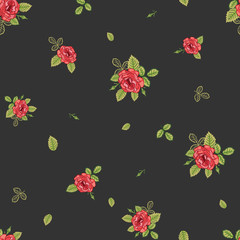 Ditsy Roses on Black Background Vector Seamless Pattern