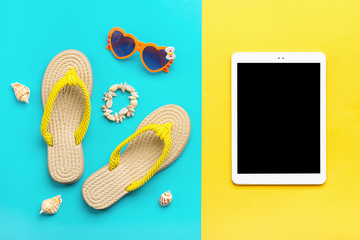 Swimming accessories - trendy heart - shaped glasses, summer flip flop, shells, tablet on blue,...