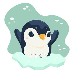 Cute kawaii baby penguin on ice as vector illustration. Concept for children book, nursery, Christmas or New year party, baby shower