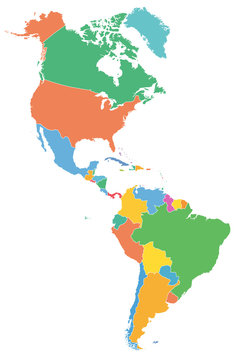 The Americas, political map with single states in different colors. Countries of the Caribbean, of North, Central and South America. Silhouettes. Isolated illustration on white background. Vector.