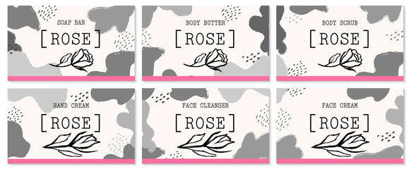 Set of labels forrose cosmetics packaging design. Organic cosmetics and natural care.