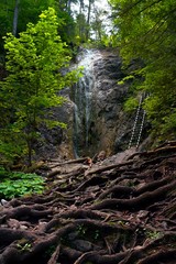 Waterfall in Slovak Paradise. Hiking with typical ladders and many different waterfalls from alpine streams.