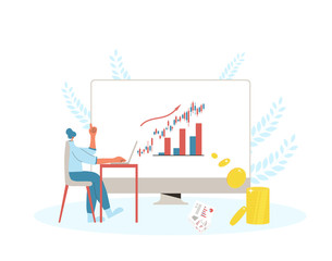 Man work with laptop. Vector flat design.