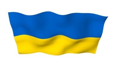 The flag of Ukraine on a white background. National flag and state ensign. Blue and yellow bicolour. 3D illustration waving flag