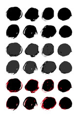 Set of black ink brush round. Chinese calligraphy black brushes circle isolated on white background. Dirty abstract grunge artistic design element for poster, banner, flyer. Vector illustration