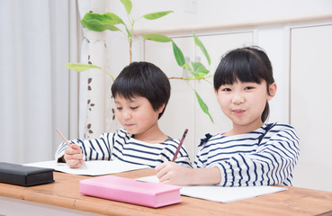 家庭学習をする小学生の男の子と女の子