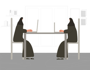 Obraz premium Muslim women with laptop. Vector flat person.