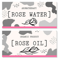 Vector packaging design and template for labels and bottles of rose water and rose oil products.