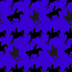 silhouettes of sports horses and riders isolated on a blue seamless background, pattern for decoration, Equestrian sports, show jumping
