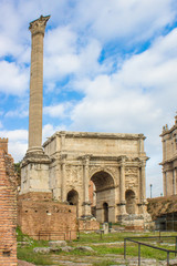 Column of Phocas (in italian Colonna di Foca e Arco di Settimo Severo e Tempio di Saturno) Foro Romano Rome Italy