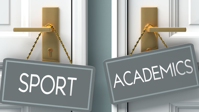 academics or sport as a choice in life - pictured as words sport, academics on doors to show that sport and academics are different options to choose from, 3d illustration