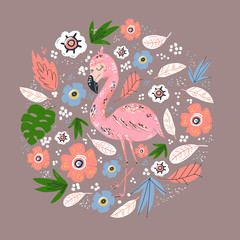 hand drawing pink flamingo with bouquet of tropical leaves and flowers on pastel mood, vector illustration isolated, floral elements