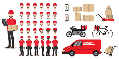 Cartoon character set with a delivery man in a red t-shirt for animation. Front, side, back, 3-4 view character. Vehicles, tools, and box set. Flat vector illustration.