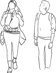 Outline sketch tourist woman with camera and man walk in full length in doodle style