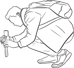 Outline sketch of man with backpack squats and takes photo on smartphone using stabiliser in doodle style