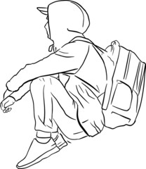 Outline sketch of man sit on stone in hood with backpack. Tourist concept in doodle style