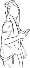 Girl hold phone turn back outline sketch in doodle style