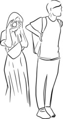 Outline sketch of man and woman take a photo