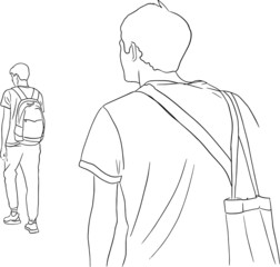 Outline sketch of two men walk close up and full length back view in doodle style