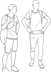 Fototapeta na wymiar Outline sketch of two young men in full length stay and look right in doodle style