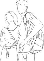 Outline sketch of man and woman hugging in summertime. Doodle vector portrait of a couple