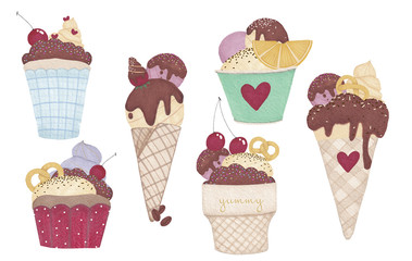 llustration of set cupcakes bakery logo isolated on white background for for invitations, greeting cards, business card, for fabrics, paper