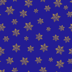 seamless christmas pattern with gold snowflakes on blue background for paper
