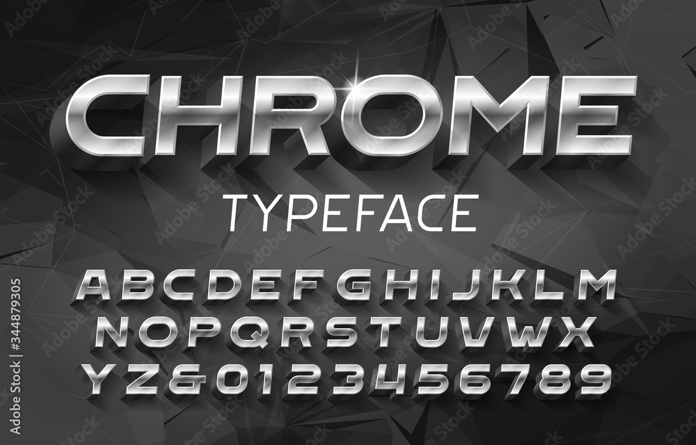 Fototapete chrome alphabet font. 3d metal effect letters and numbers with shadow. abstract background. stock ve