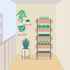 Apartment balcony with flowers and pots, interior. Simple design, minimalism, pastel colors. Cute vector illustration.