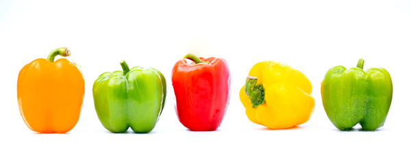 colorful vegetable, yellow, green and red, bell pepper isolated on white background
