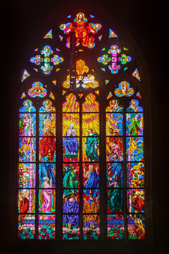 Colored stained glass windows of a medieval castle