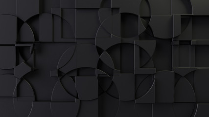 Abstract geometric composition with black fractures and intersecting cylinders and cubes on a black background. 3d render with depth of field.