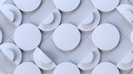 Abstract geometric composition with a group of white half-cylinders on a whiteboard with a grid. 3d render with depth of field.