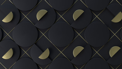Abstract geometric composition with a group of gold and black half-cylinders on a whiteboard with a gold grid. 3d render with depth of field.