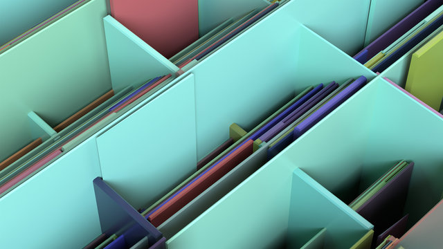 Abstract geometric composition with colorful fractures and intersecting cubes on a black background. 3d render with depth of field.