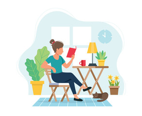 Stay home concept. Woman reading a book in cozy modern interior. Vector illustration in flat style