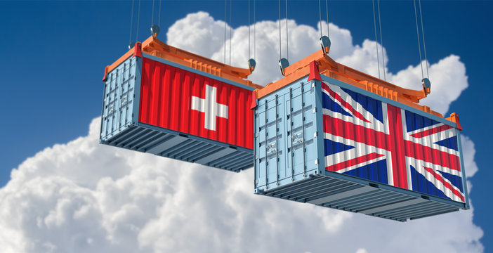 Shipping containers with Switzerland and United Kingdom flag. 3D Rendering 