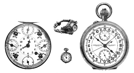 Fototapeta na wymiar Antique vintage old pocket watch or hour glass and watch ring collection / Antique illustration from Brockhaus Konversations-Lexikon 1908