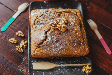 Delicious carrot cake with walnuts, made with whole wheat flour.