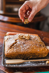 Delicious carrot cake with walnuts, made with whole wheat flour.