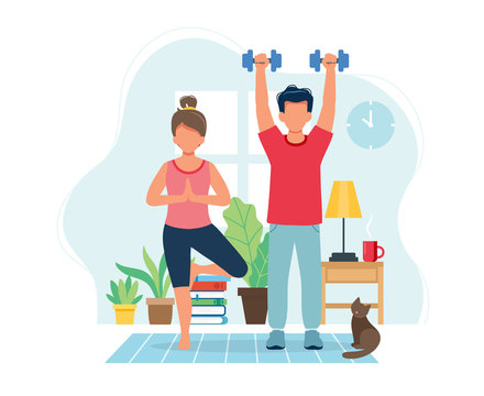 Stay home concept. People doing exercise in cozy modern interior. Vector illustration in flat style
