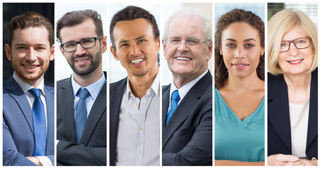 Joyful successful young and mature companies owners portrait set. Smiling men and women of different ages wearing formal suits or casual clothes multiple shot collage. Positive human emotions concept