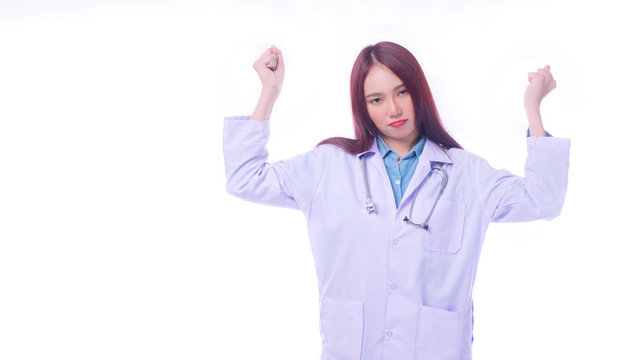 Young Woman Doctor Wearing Uniform With Stethoscope Holding Hands Arms Up, Full Length Over Isolated White Background. Healthcare Concept.